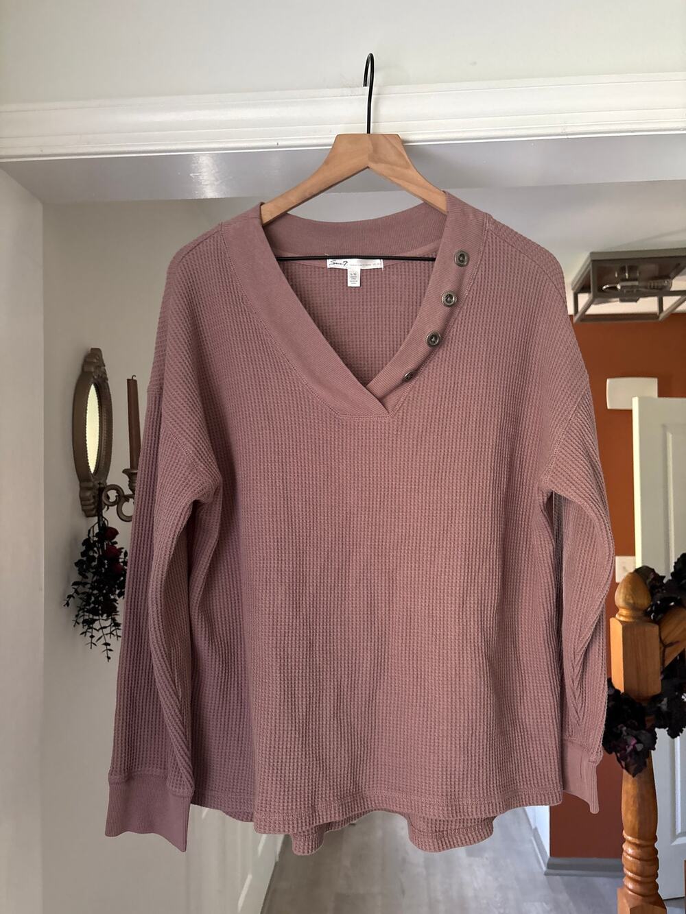 Seven7 Mauve Pink Waffle Knit Thermal Top Large Side Button Henley